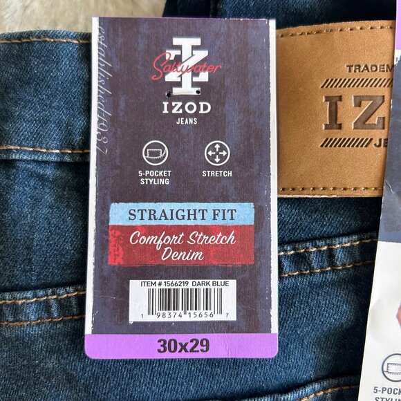 NWT Izod Mens Straight Leg Comfort Stretch Denim Jeans 30x29 Dark Wash - Picture 3 of 3